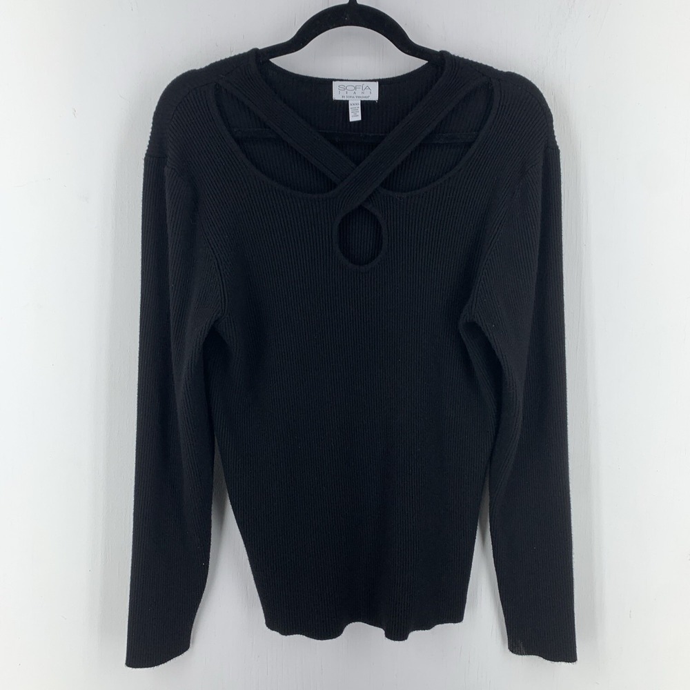 Sofia Vergara Jeans XXXL Sweater Cutout Black Ribbed Sexy Fitted Long Sleeve